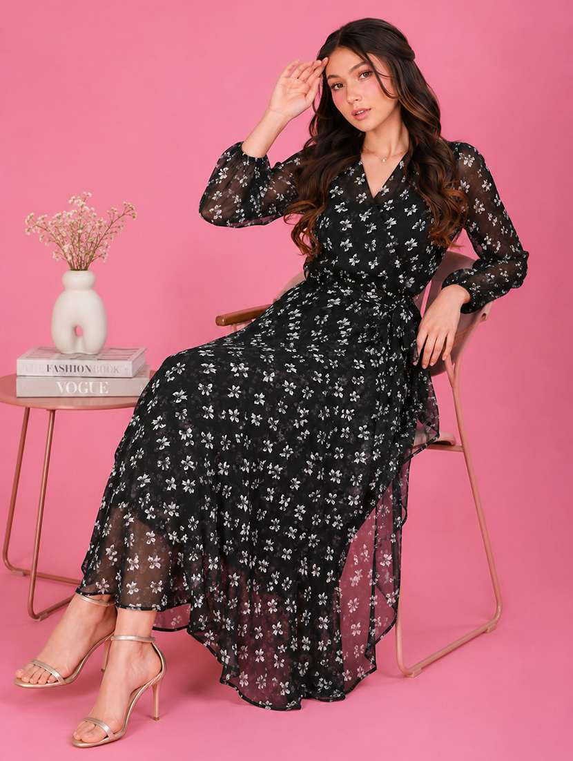 women printed long sleeves wrap dress