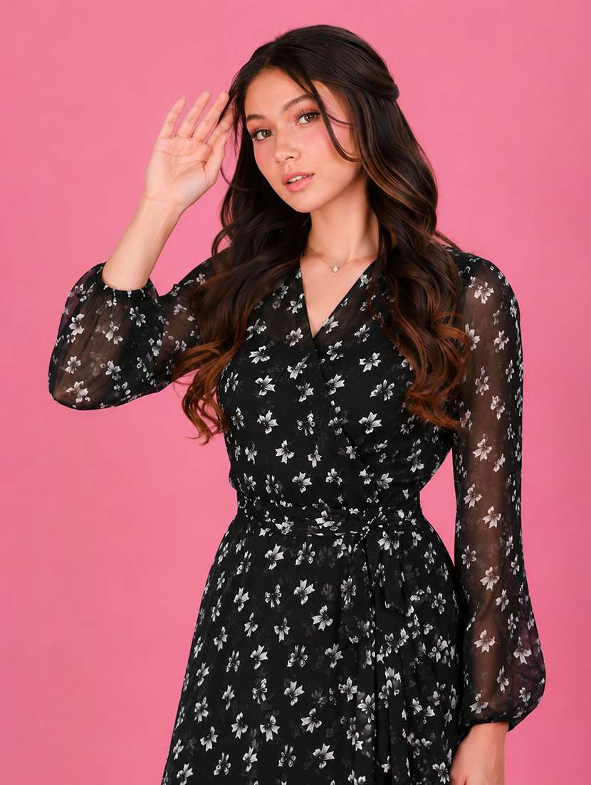 women printed long sleeves wrap dress - 22597000 -  Standard Image - 1