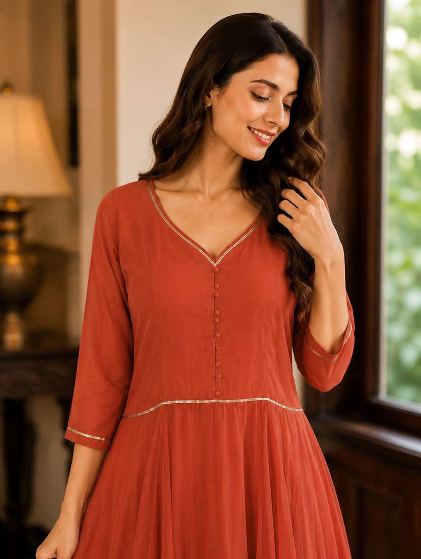 women solid three quarter sleeves anarkali dress - 22597005 -  Standard Image - 4
