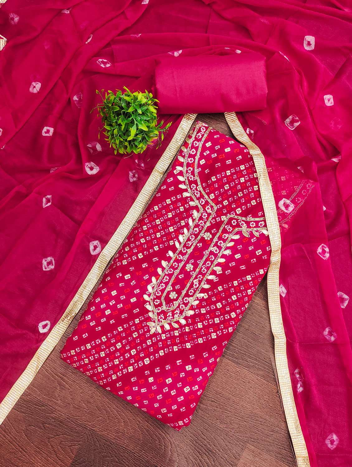 Women Bandhani Printed Unstitched Suit Set - 22597193 -  Standard Image - 1