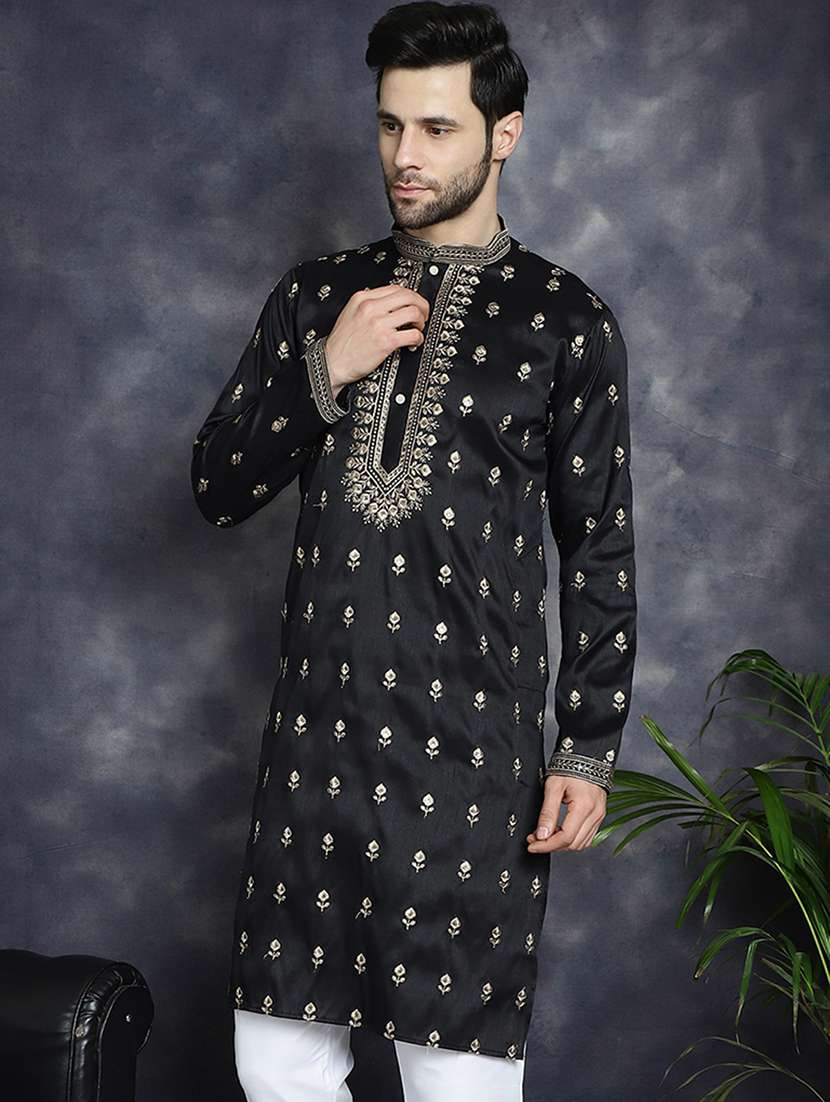 men solid with work mandarin neck long kurta - 22597525 -  Standard Image - 1
