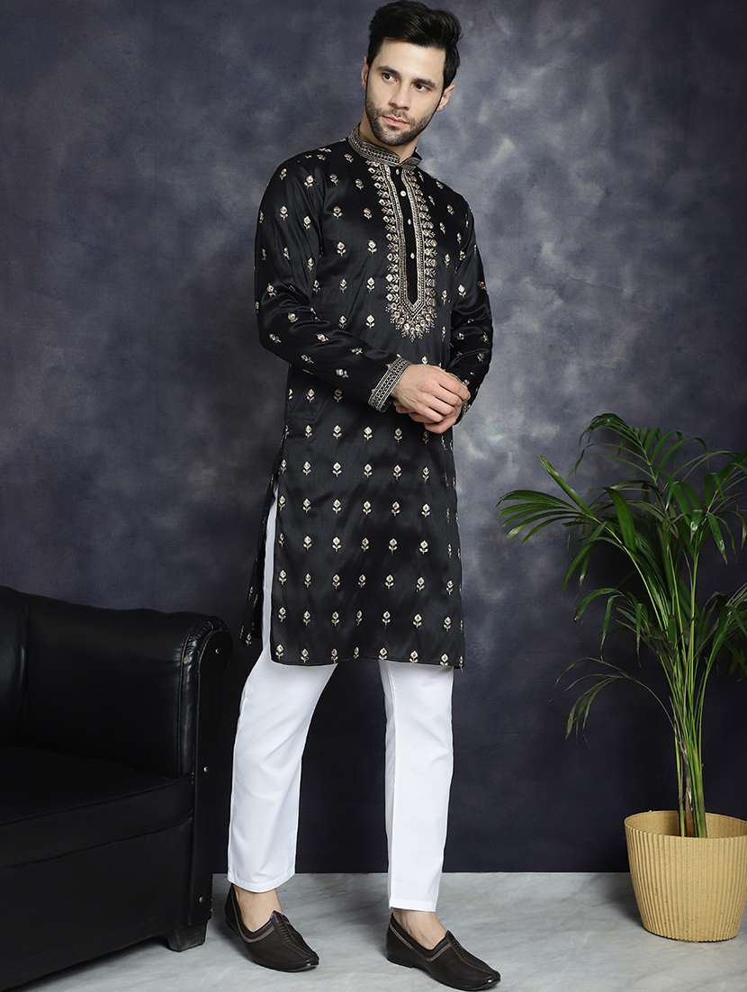 men solid with work mandarin neck long kurta - 22597525 -  Standard Image - 4