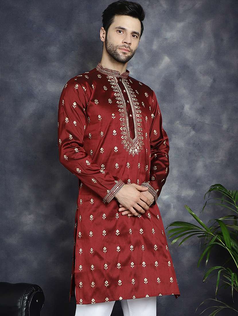 men solid with work mandarin neck long kurta - 22597526 -  Standard Image - 1