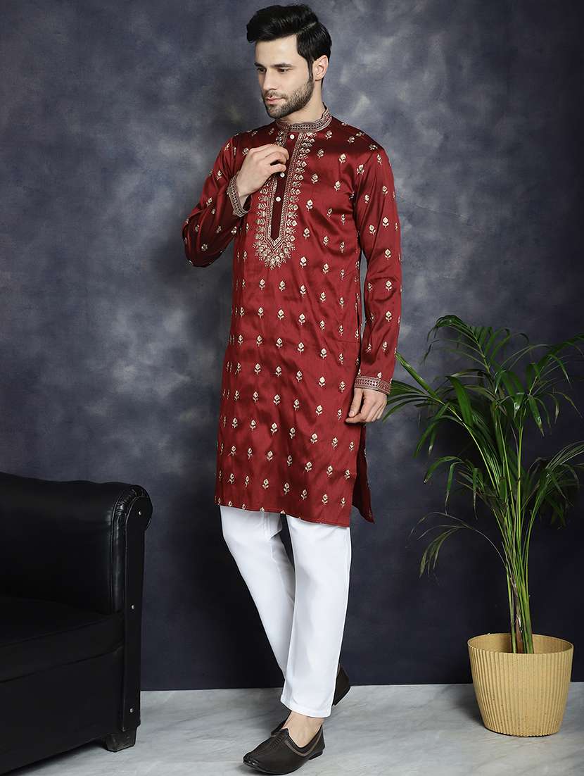 men solid with work mandarin neck long kurta - 22597526 -  Standard Image - 4