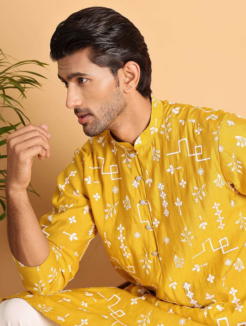 men embroidered mandarin neck long kurta - 22597548 -  Standard Image - 1