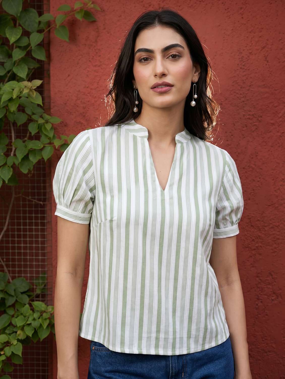 Women Striped Puff Sleeves Regular Top - 22597775 -  Standard Image - 1