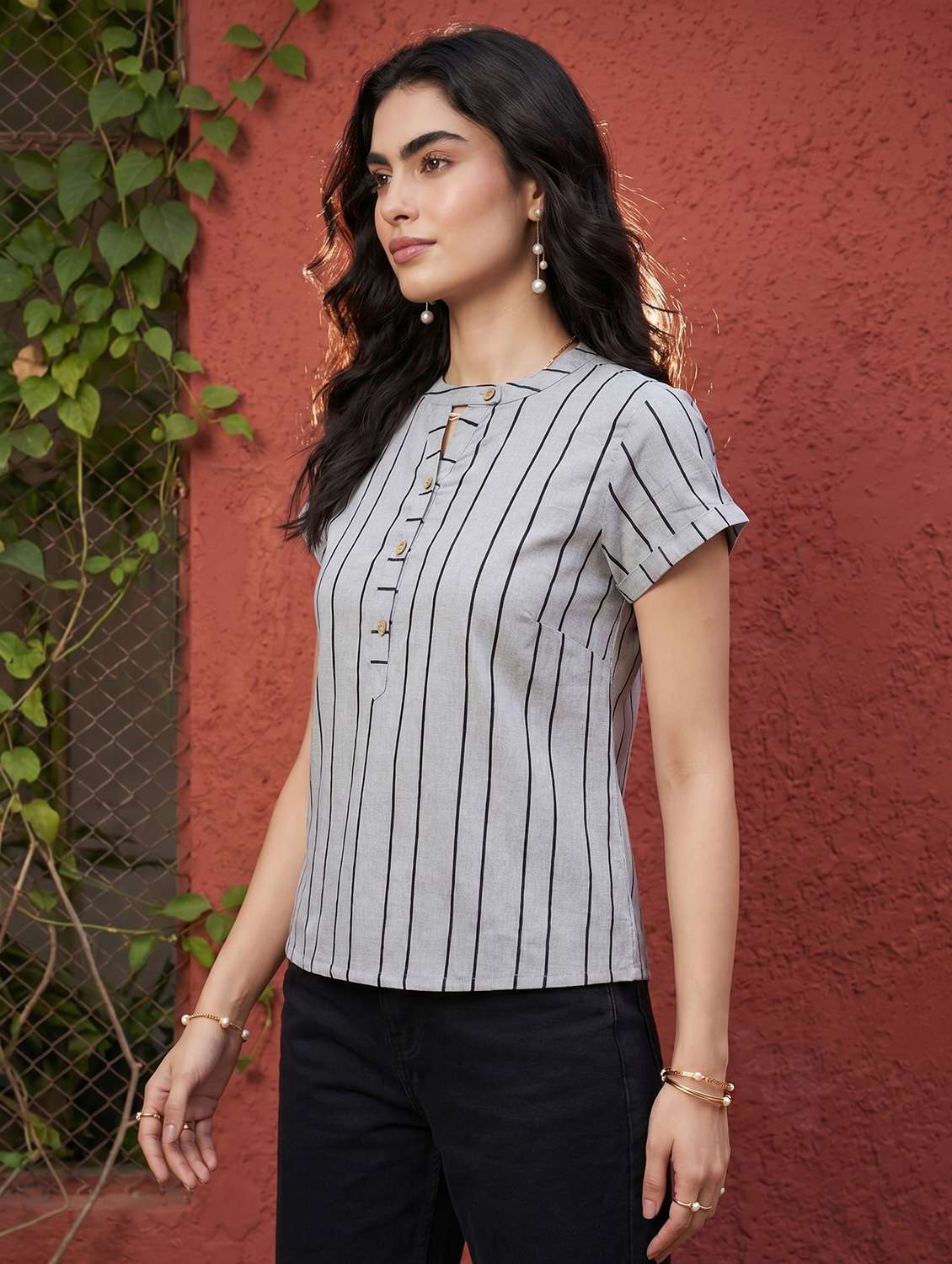 Women Striped Short Sleees Regular Top - 22597787 -  Standard Image - 1