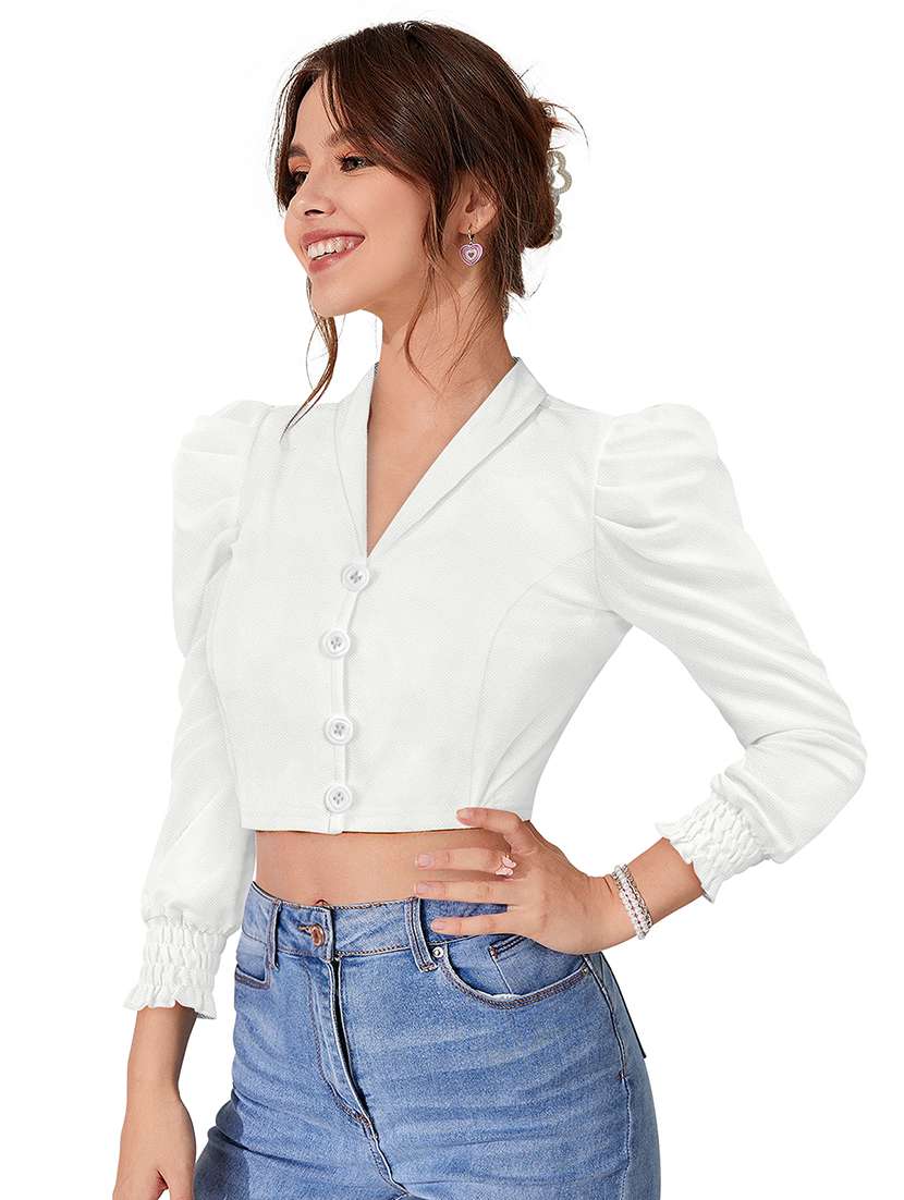 women solid leg o mutton crop top - 22597816 -  Standard Image - 1