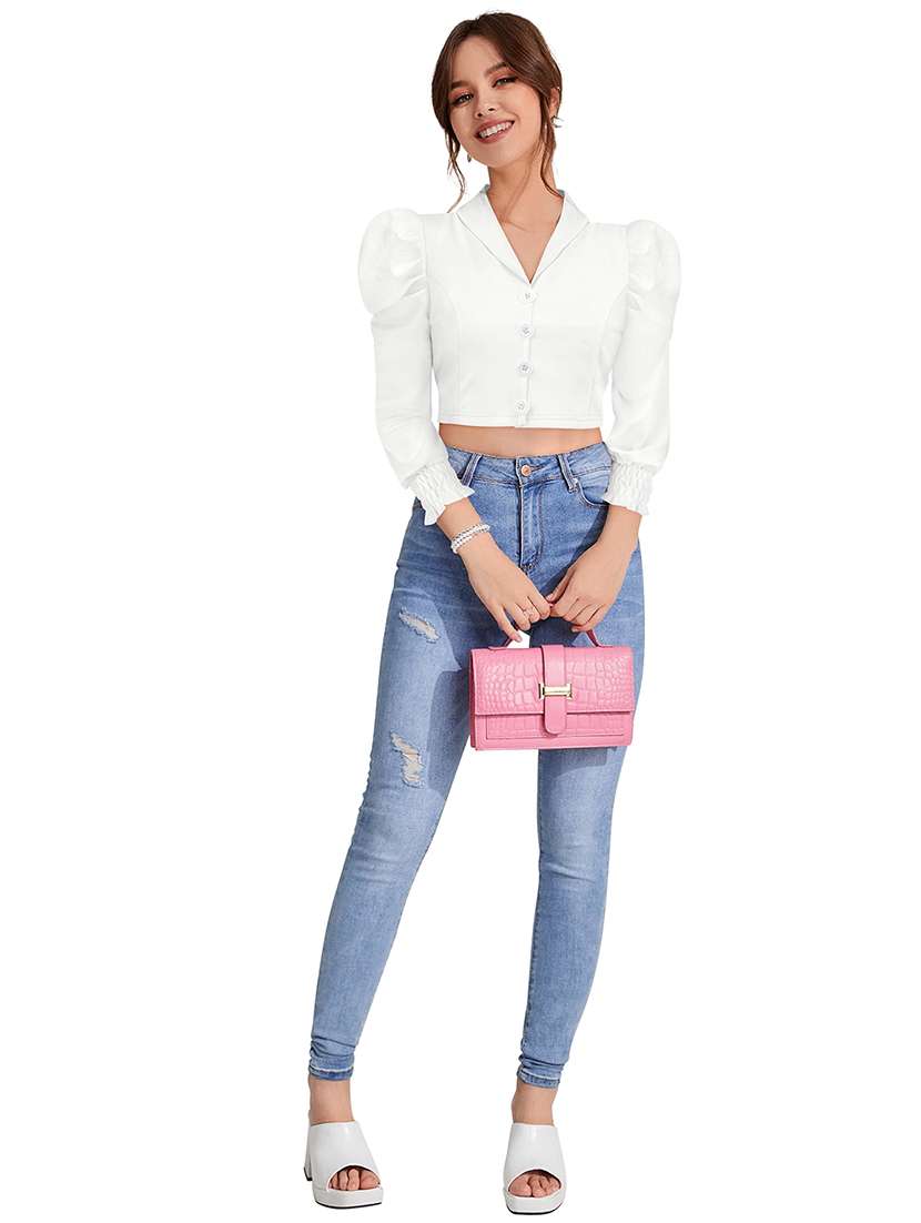 women solid leg o mutton crop top - 22597816 -  Standard Image - 4