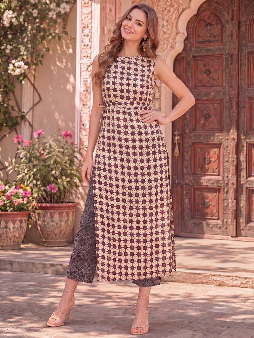 women printed sleeveless straight kurta
