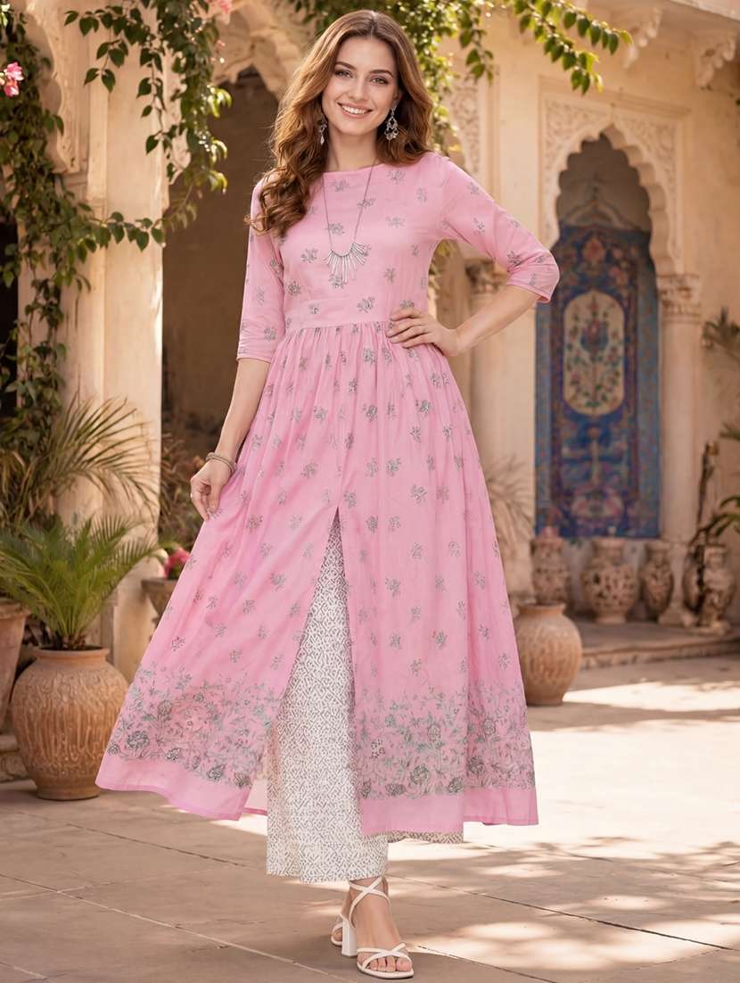 women printed three quarter sleeves kurta pant set - 22598072 -  Standard Image - 1