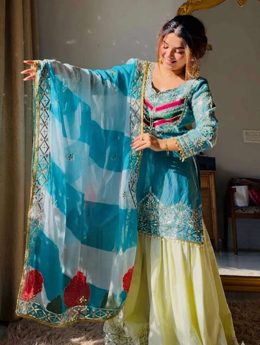 women embroidered long sleeves kurta sharara set - 22598087 -  Standard Image - 1