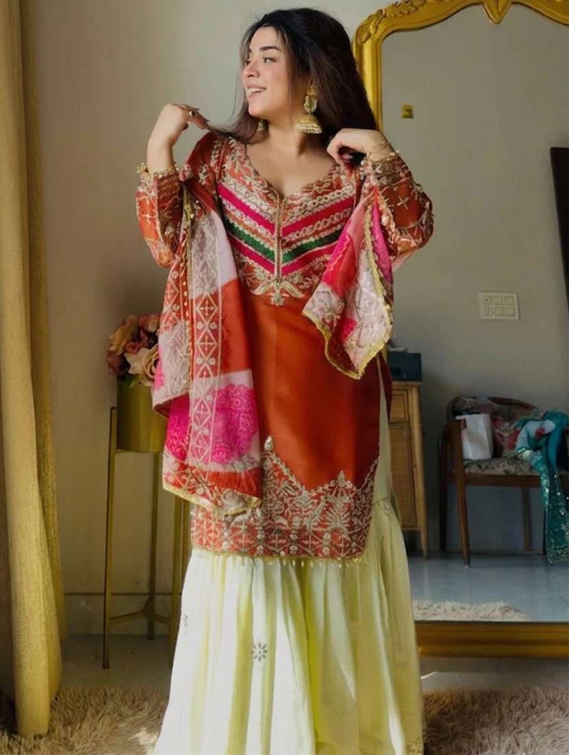women embroidered long sleeves kurta sharara set
