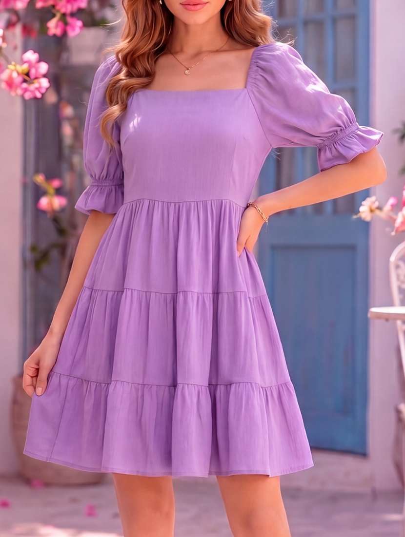 Women Solid Puff Sleeves Tiered Dress - 22598126 -  Standard Image - 1