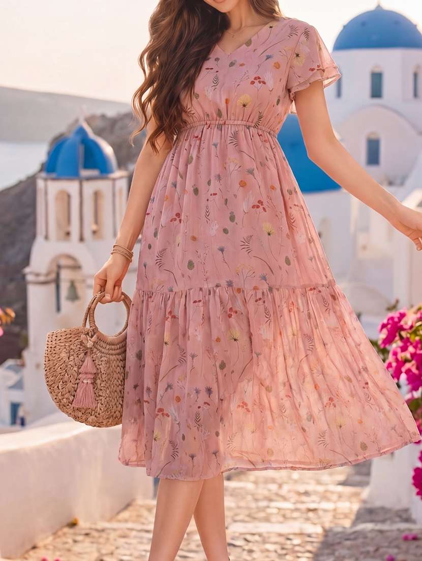 Women Printed Short Sleeves Tiered Dress - 22598132 -  Standard Image - 1