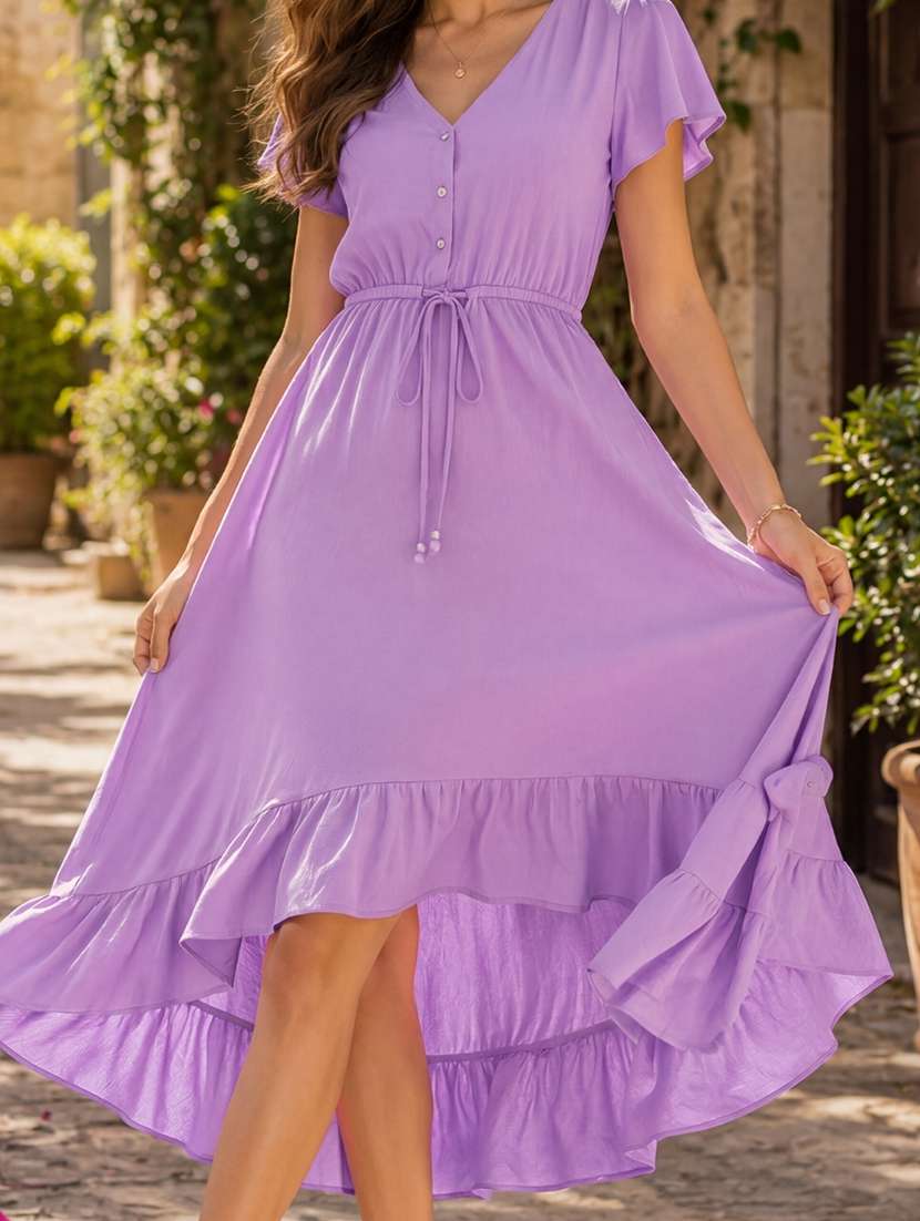 women solid ruffle sleeves high low dress - 22598133 -  Standard Image - 1