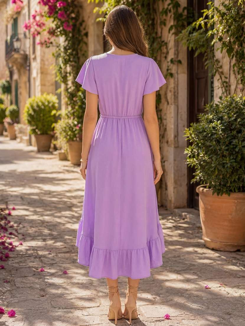 women solid ruffle sleeves high low dress - 22598133 -  Standard Image - 4