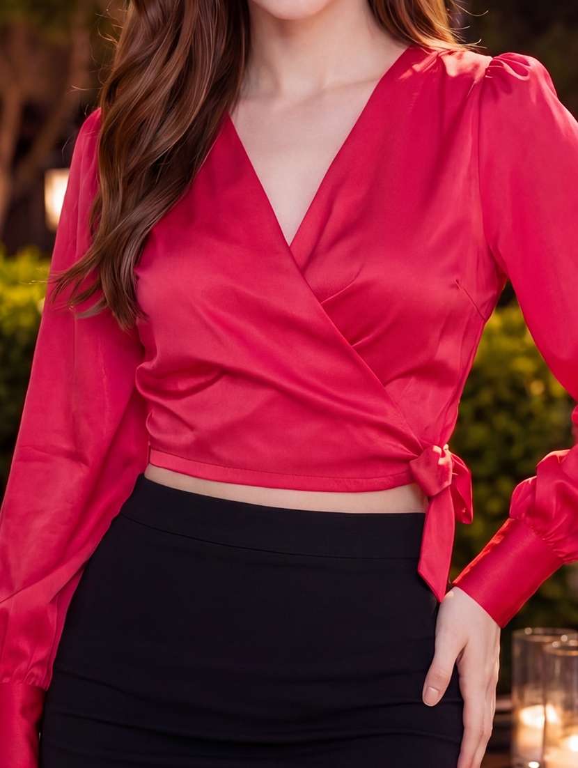 Women Solid Bishop Sleeves Wrap Top - 22598139 -  Standard Image - 1