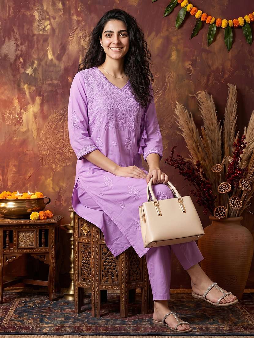 women embroidered three quarter sleeves kurta pant set  - 22598188 -  Standard Image - 4