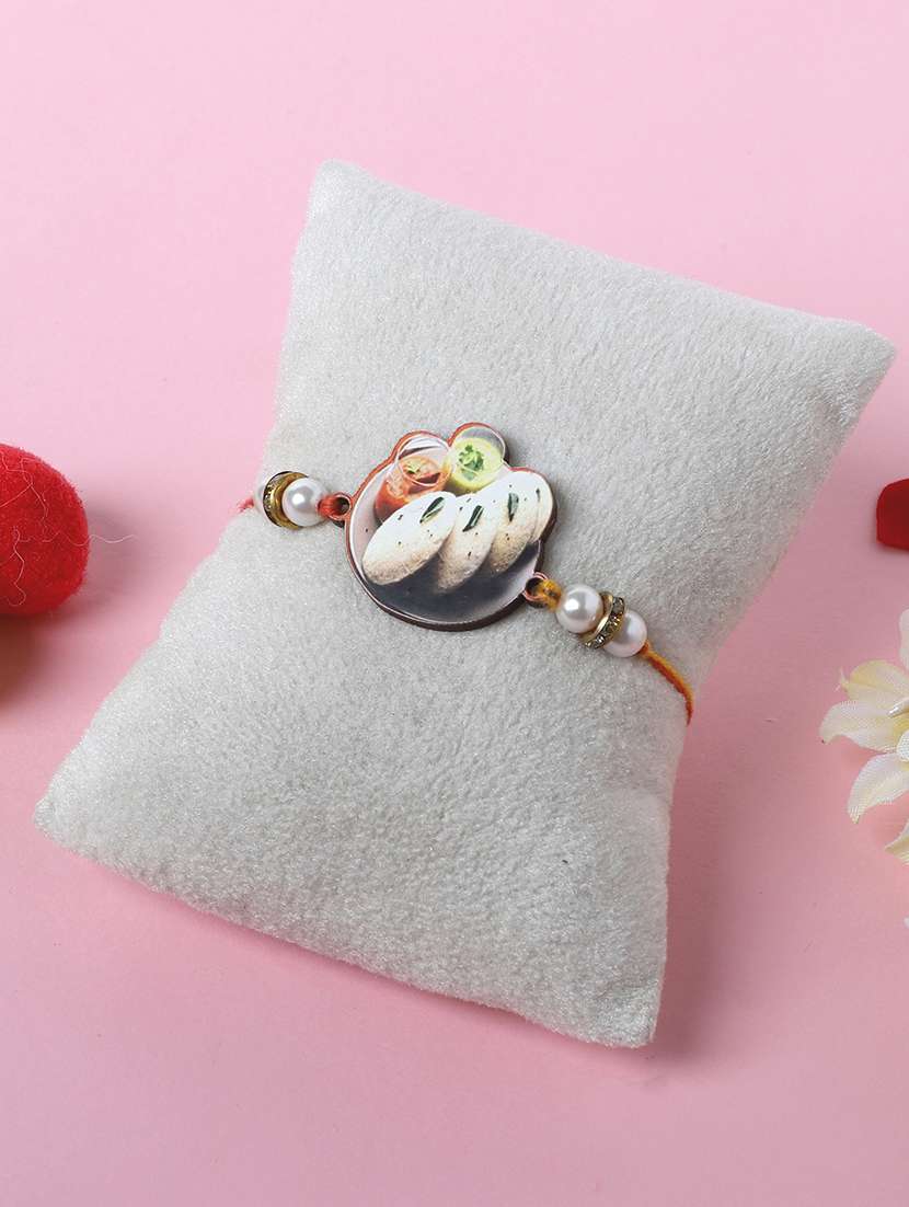 the magic wand trendy quirky idli wooden rakhi with pearls embelishement - 22598320 -  Standard Image - 1