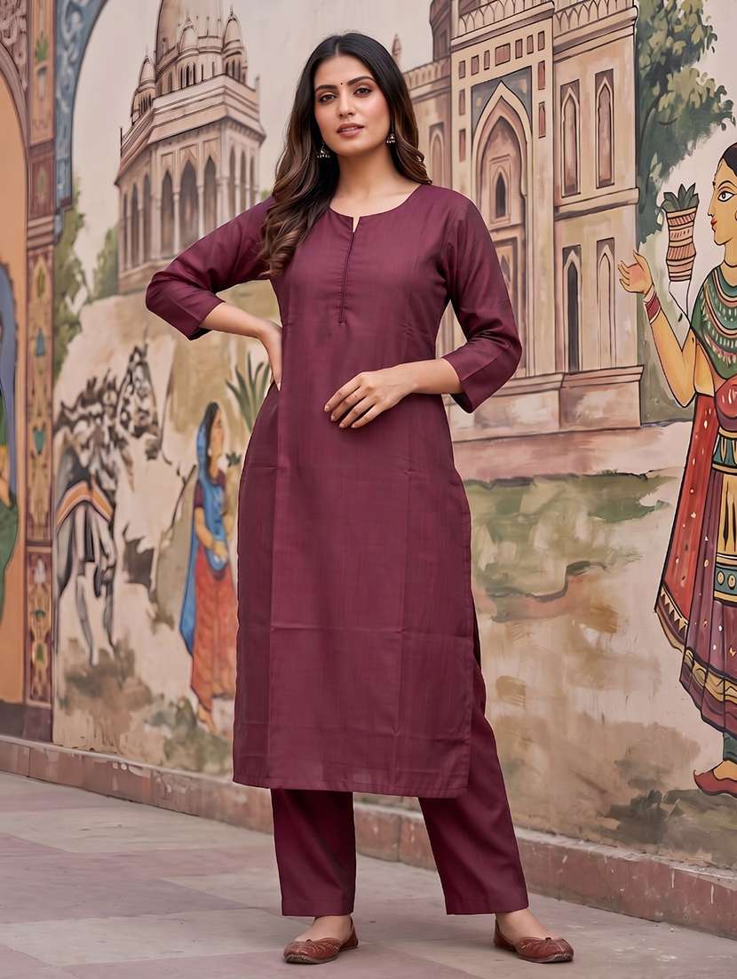 women solid three quarter sleeves kurta pant set - 22598358 -  Standard Image - 1