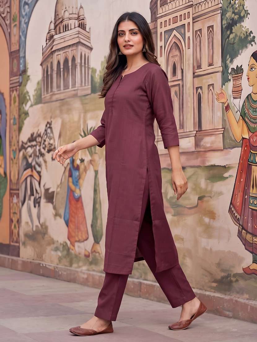 women solid three quarter sleeves kurta pant set - 22598358 -  Standard Image - 4