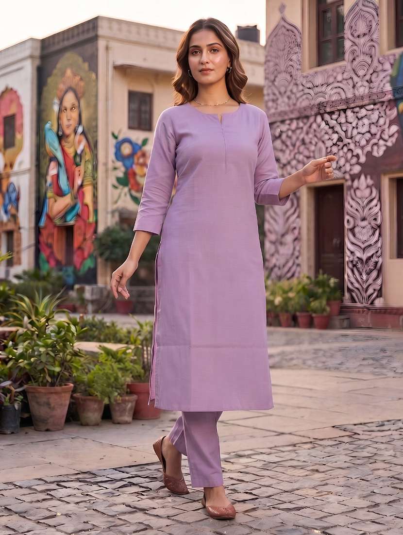 Women Solid Three Quarter Sleeves Kurta Pant Set - 22598360 -  Standard Image - 1