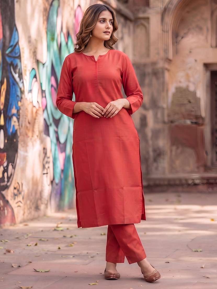 women solid three quarter sleeves kurta pant set