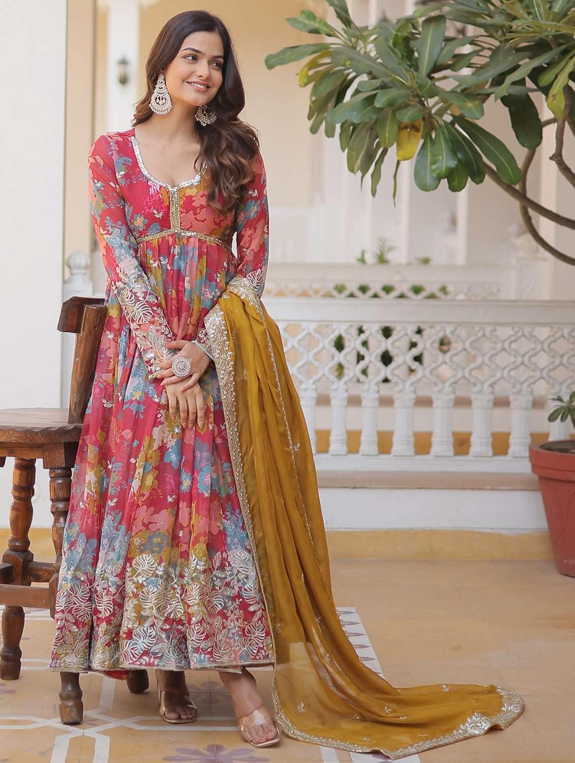 women printed long sleeves kurta dupatta set
