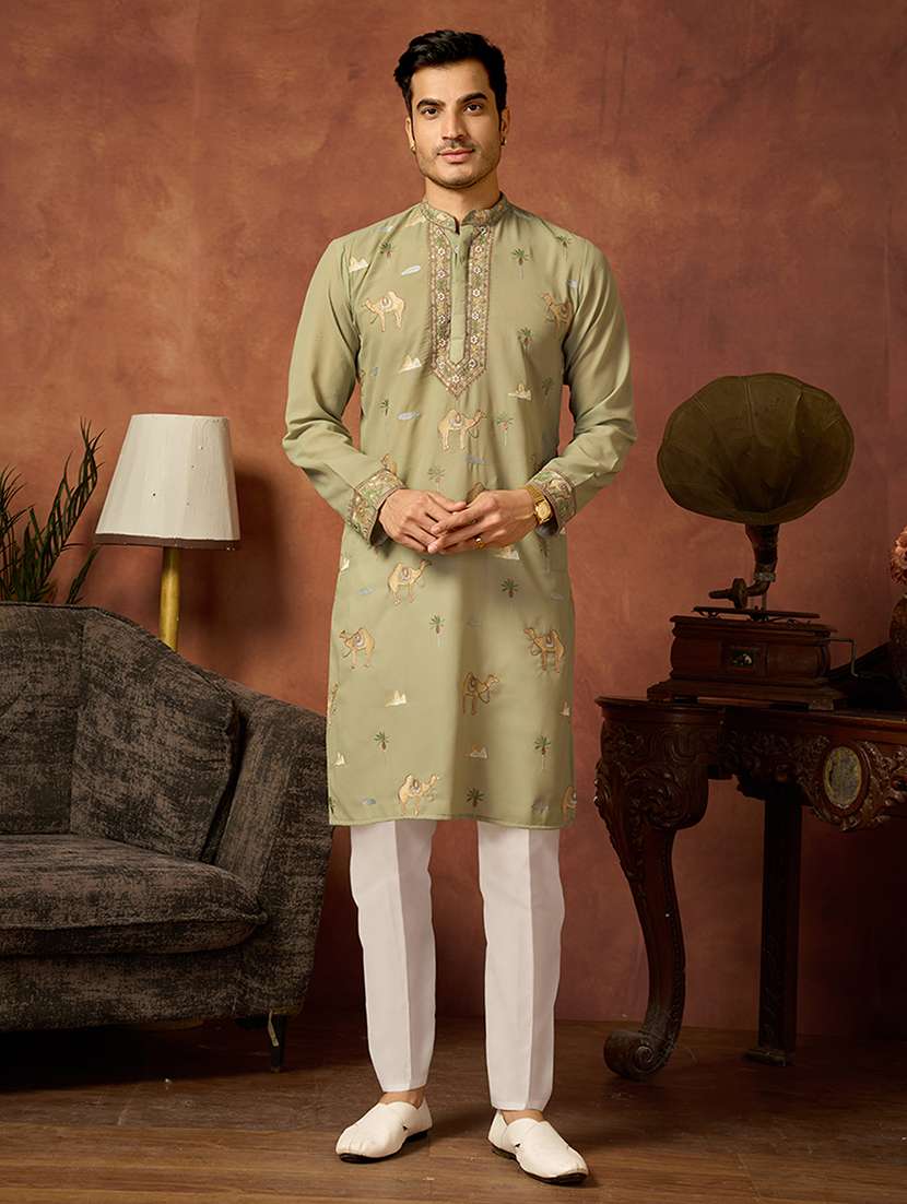 Men Solid With Work Mandarin Neck Long Kurta - 22598982 -  Standard Image - 1