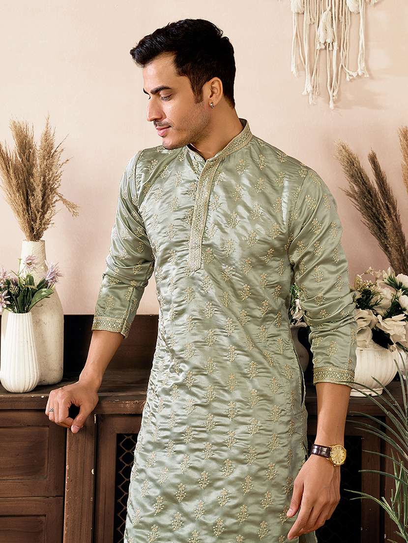 men solid with work mandarin neck long kurta - 22598986 -  Standard Image - 1