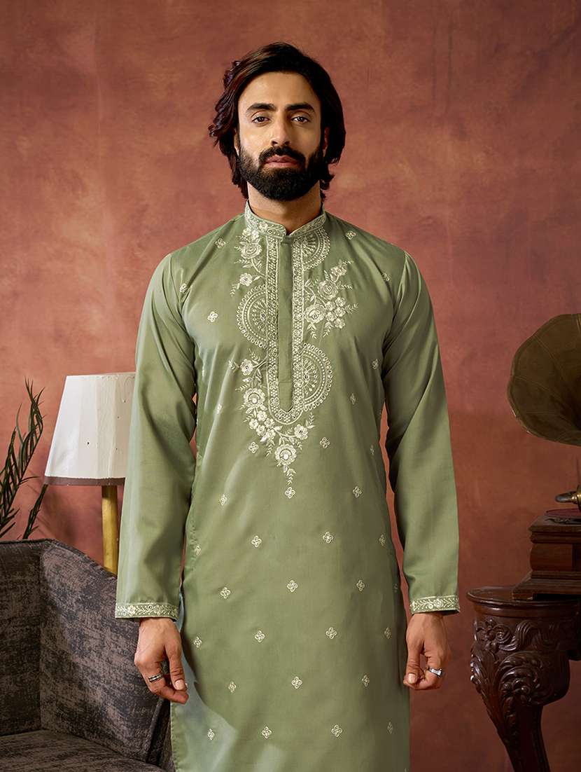 men solid with work mandarin neck long kurta - 22599020 -  Standard Image - 1