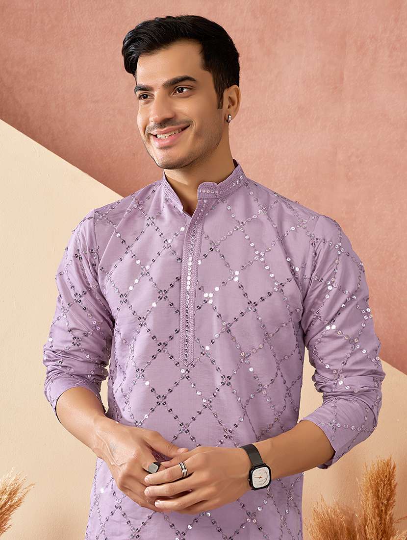 Men Solid With Work Mandarin Neck Long Kurta - 22599037 -  Standard Image - 1