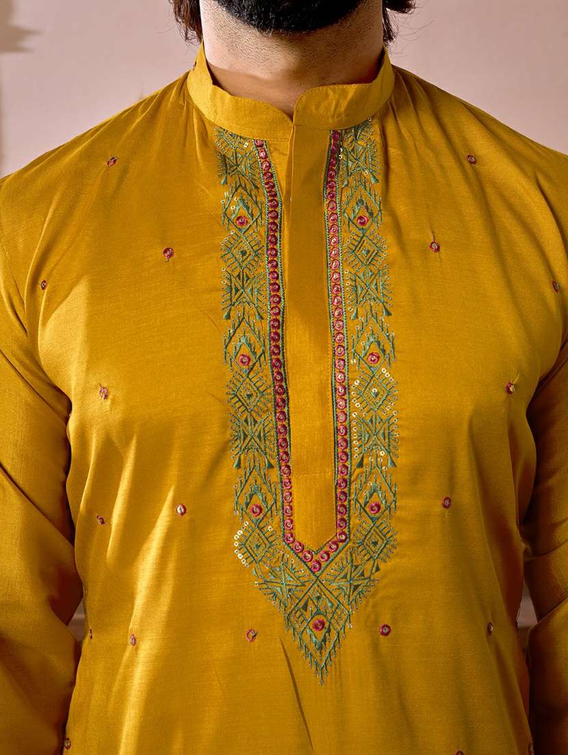 men solid with work mandarin neck long kurta - 22599048 -  Standard Image - 1
