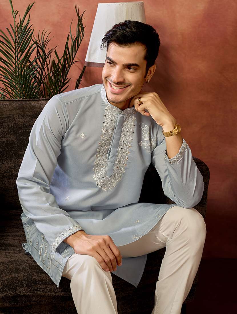men solid with work mandarin neck long kurta - 22599064 -  Standard Image - 1