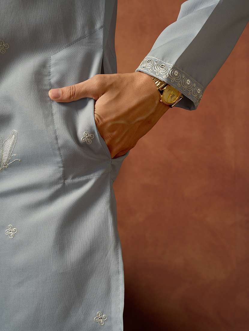 men solid with work mandarin neck long kurta - 22599064 -  Standard Image - 4