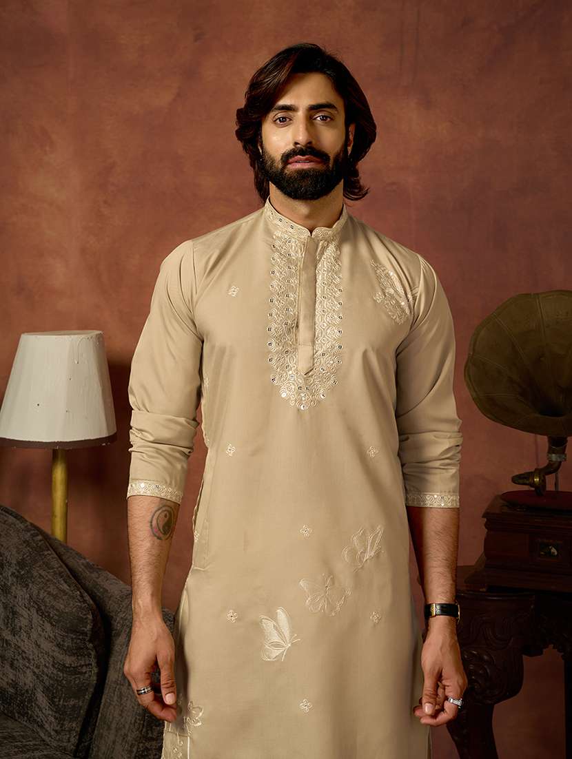 men solid with work mandarin neck long kurta - 22599065 -  Standard Image - 1