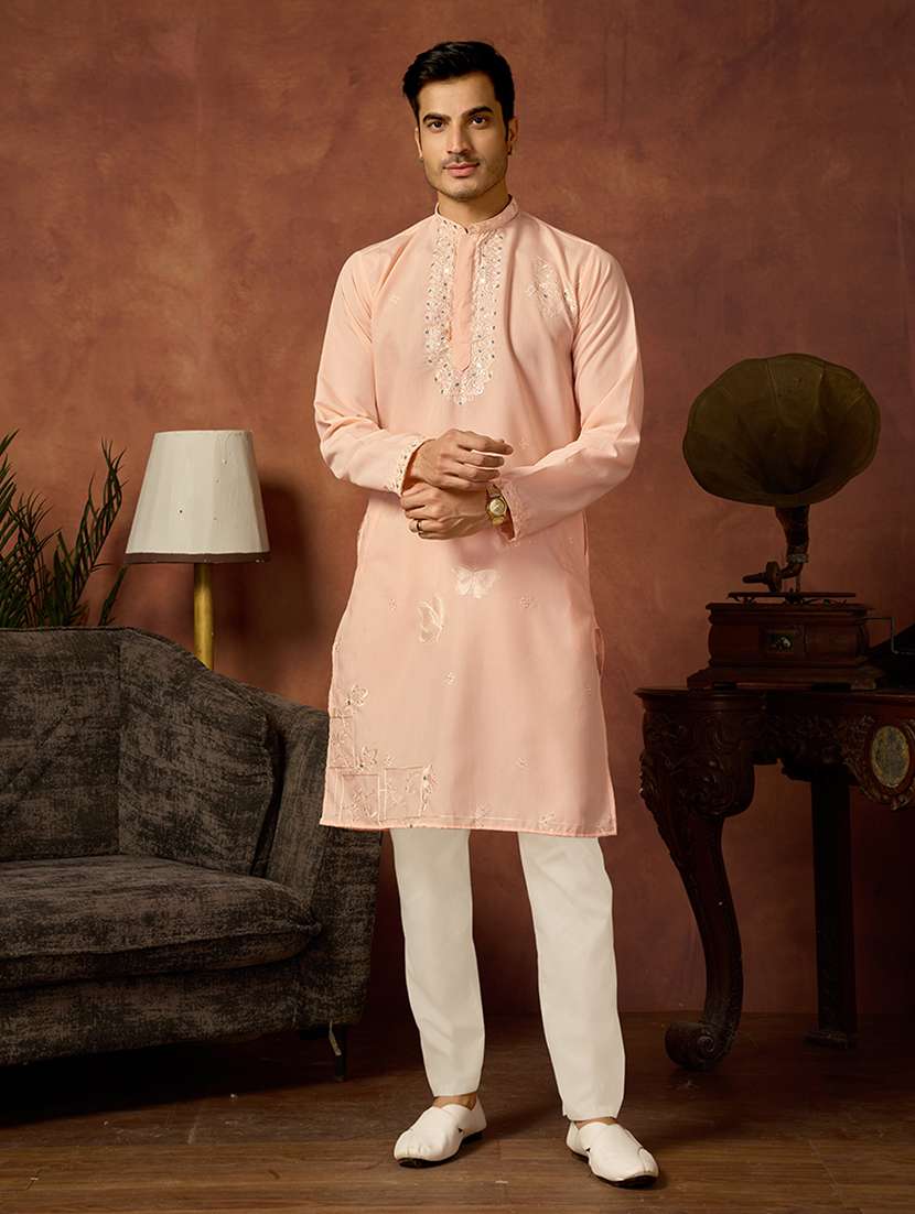 men solid with work mandarin neck long kurta