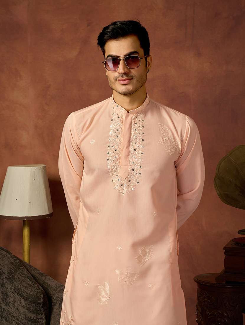 men solid with work mandarin neck long kurta - 22599066 -  Standard Image - 1