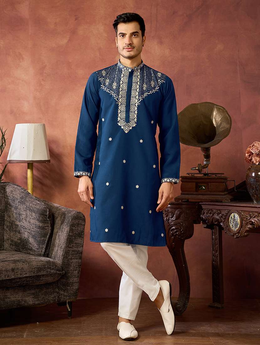 Men Solid With Work Mandarin Neck Long Kurta - 22599067 -  Standard Image - 1