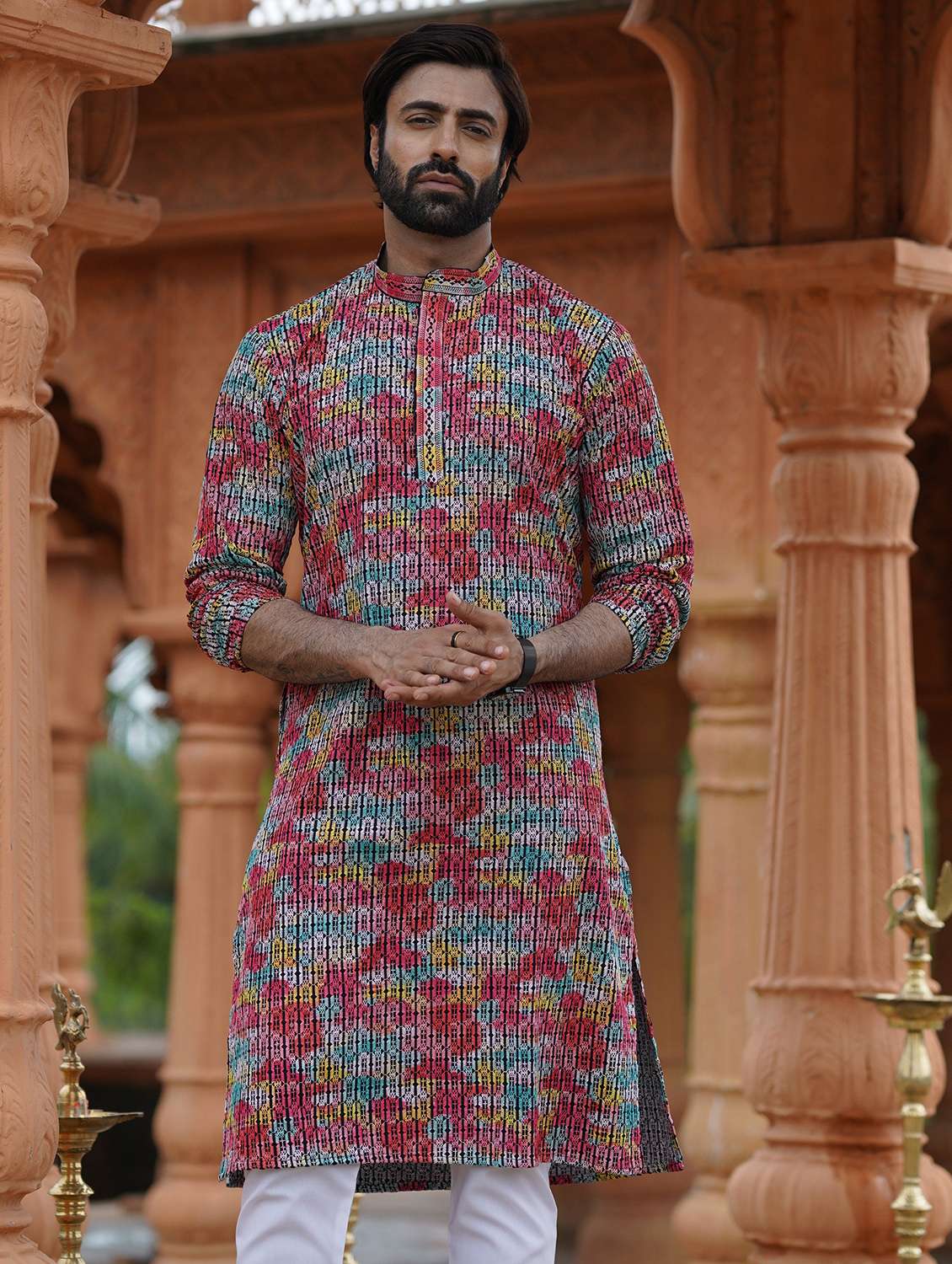 Men Solid With Work Mandarin Neck Long Kurta - 22599074 -  Standard Image - 1