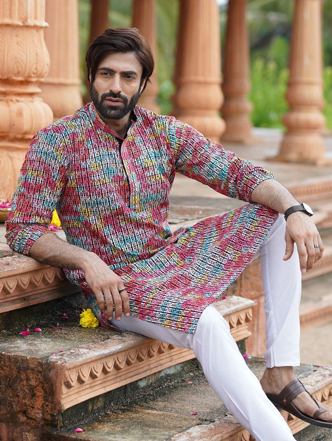 Men Solid With Work Mandarin Neck Long Kurta - 22599074 -  Standard Image - 4