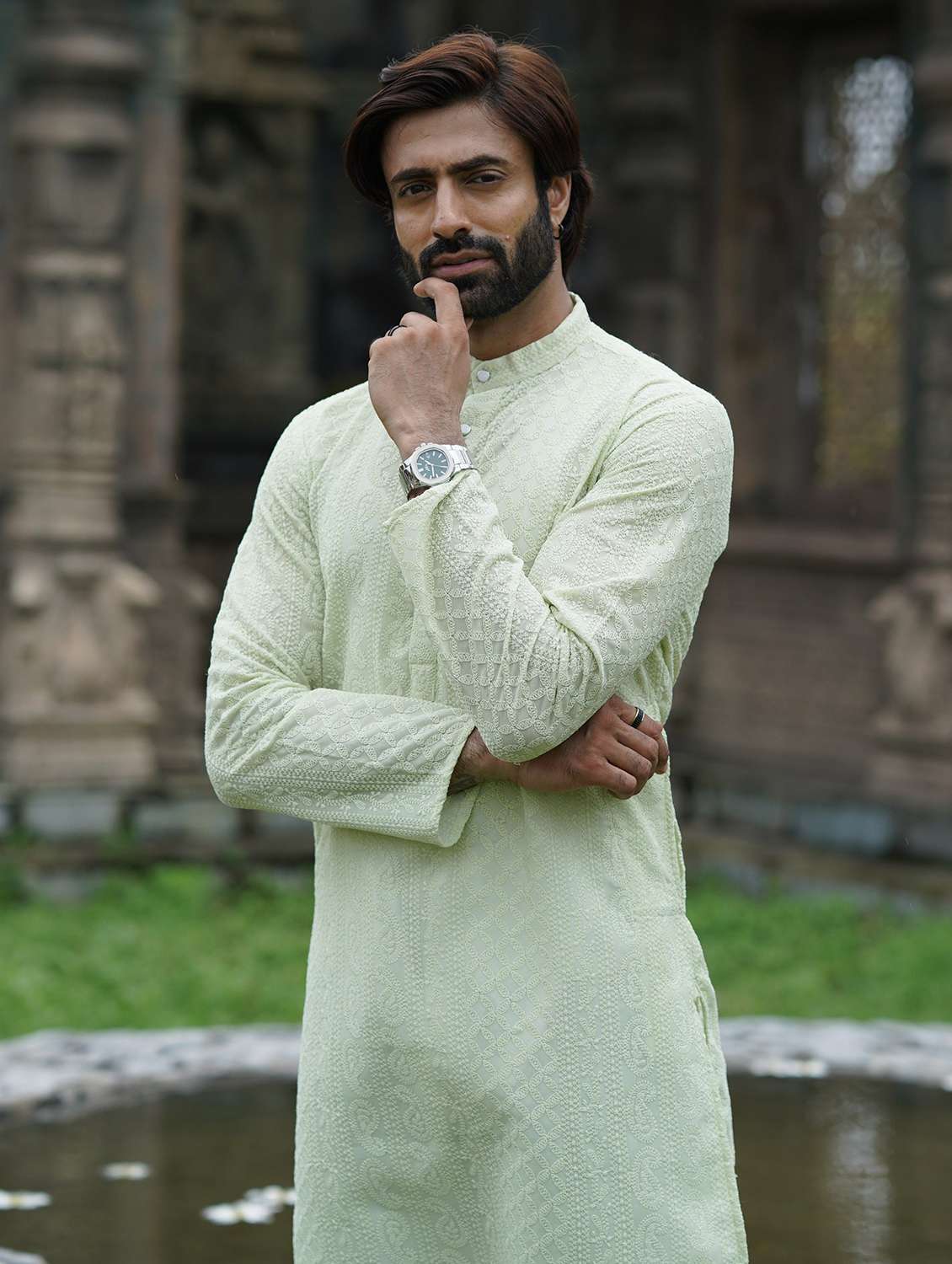 Men Solid With Work Mandarin Neck Long Kurta - 22599106 -  Standard Image - 1