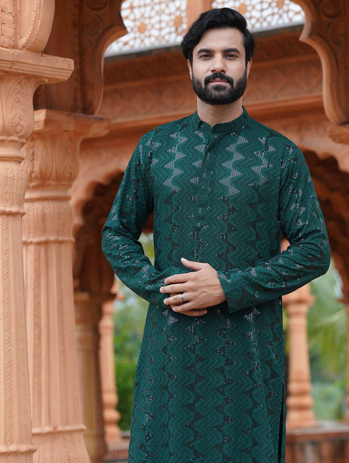 men solid with work mandarin neck long kurta - 22599129 -  Standard Image - 1