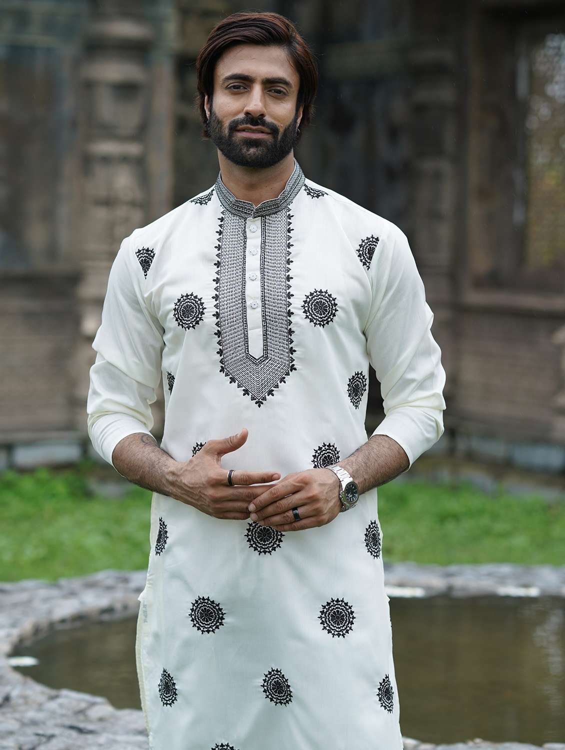 Men Solid With Work Mandarin Neck Long Kurta - 22599135 -  Standard Image - 1