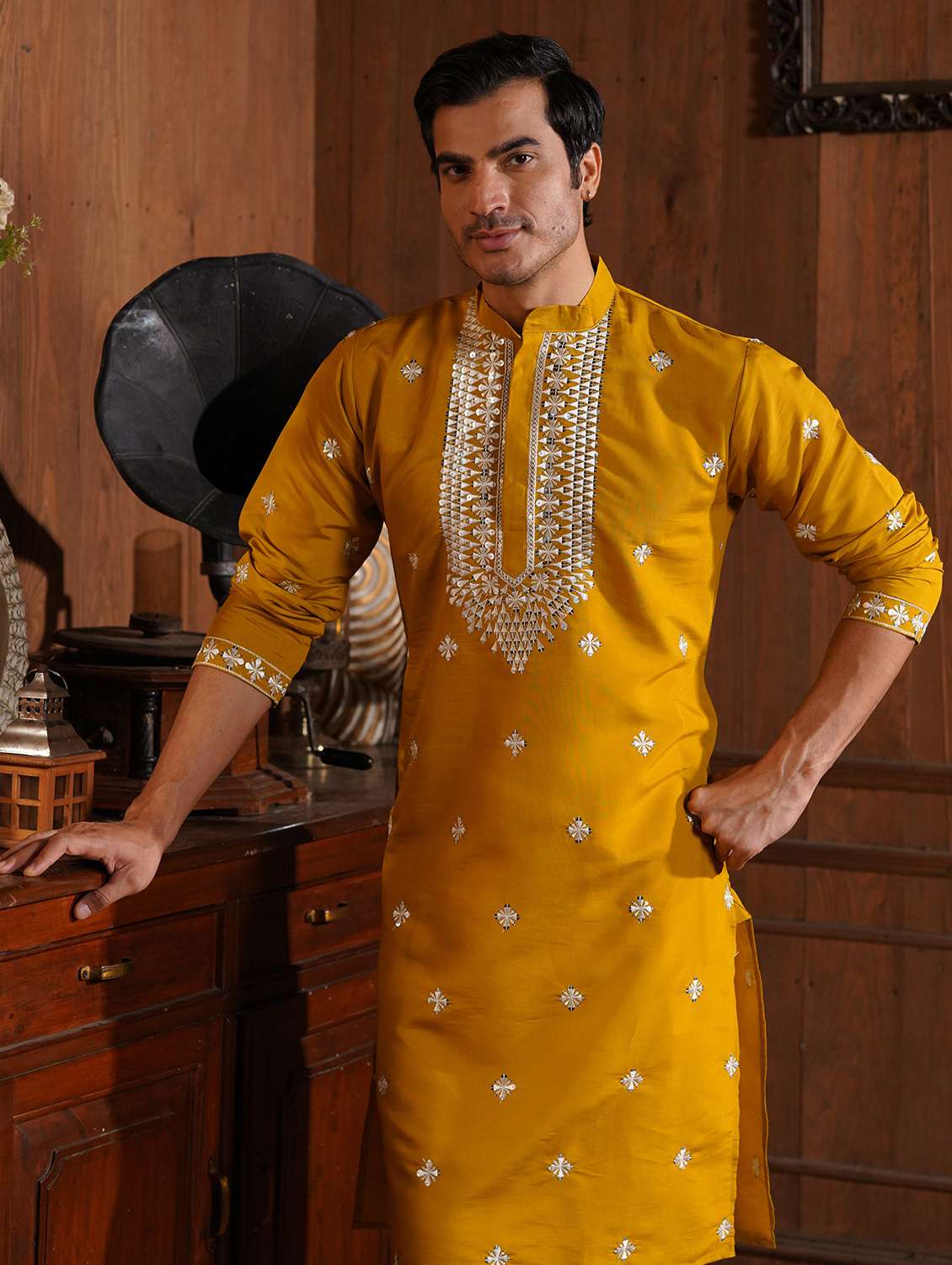 men solid with work mandarin neck long kurta - 22599139 -  Standard Image - 1