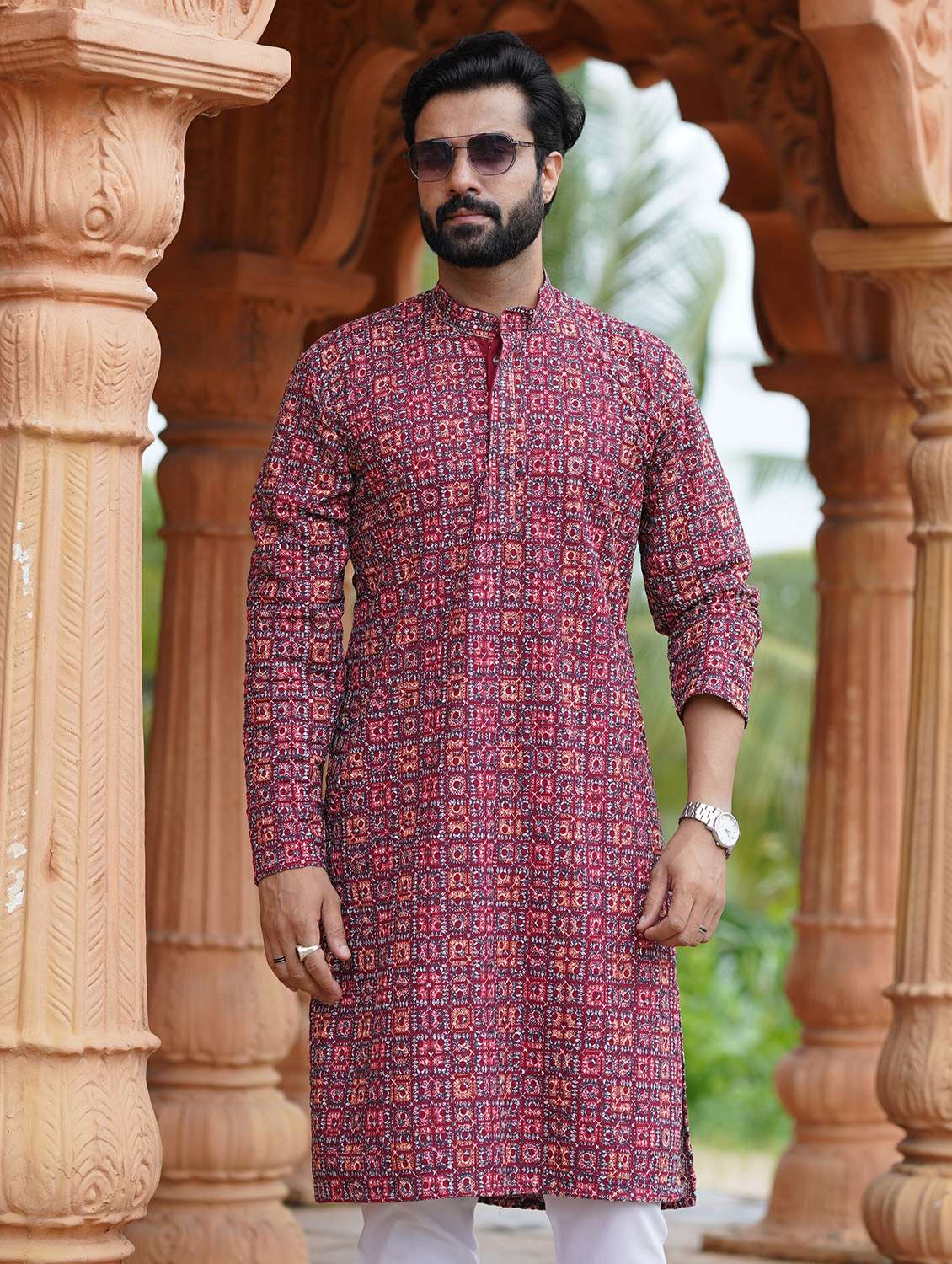 Men Solid With Work Mandarin Neck Long Kurta - 22599140 -  Standard Image - 1