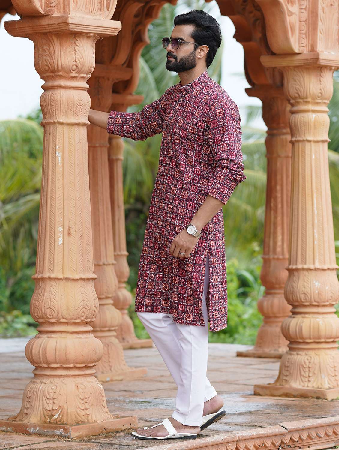 Men Solid With Work Mandarin Neck Long Kurta - 22599140 -  Standard Image - 4