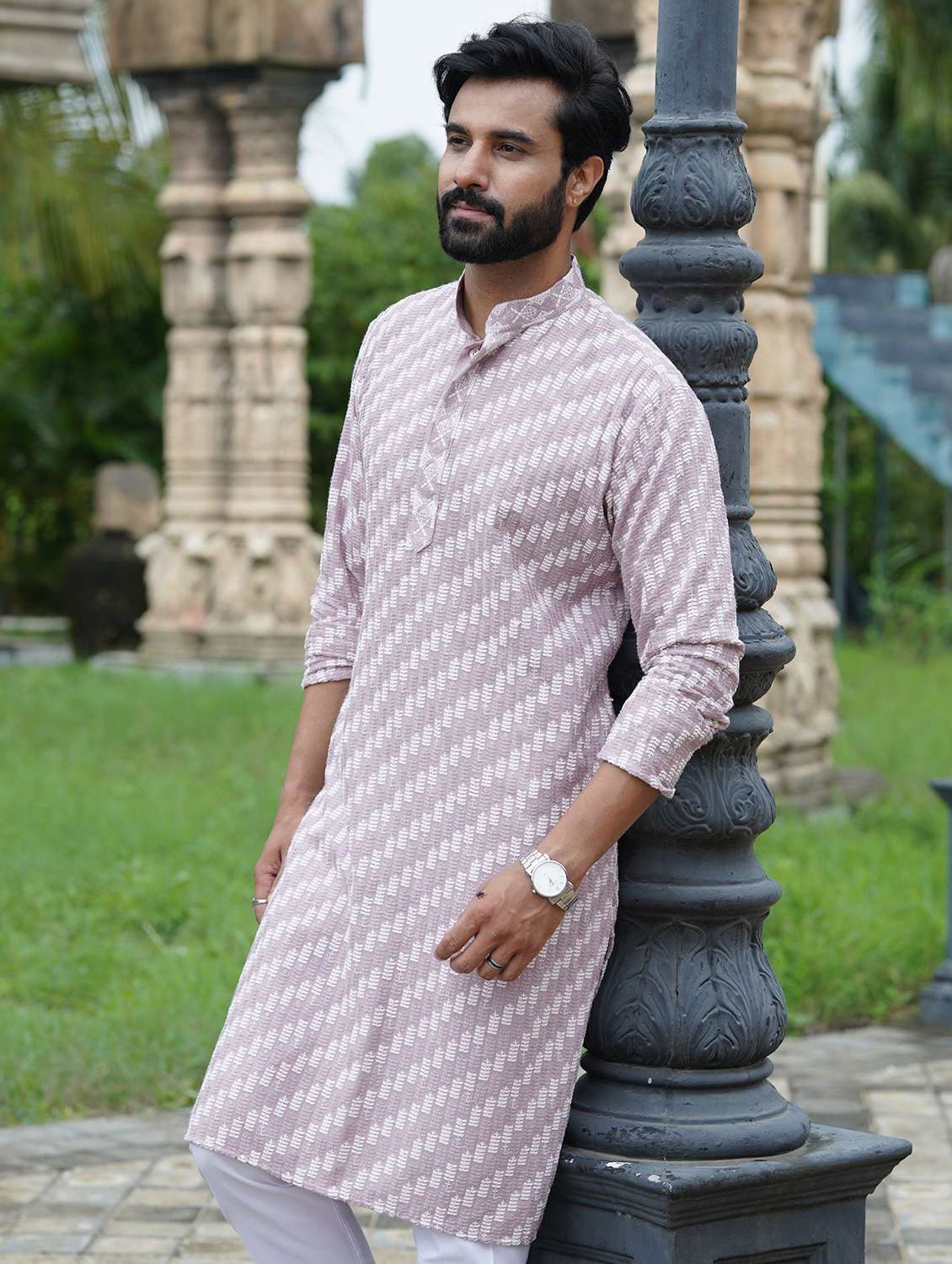 Men Solid With Work Mandarin Neck Long Kurta - 22599141 -  Standard Image - 1