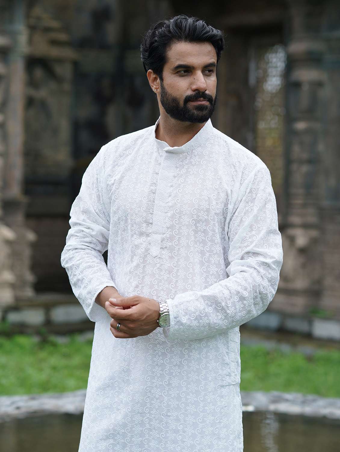 men solid with work mandarin neck long kurta - 22599142 -  Standard Image - 1